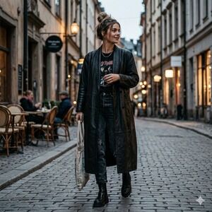 Vintage 100% Leather Double Breasted Long Coat Jacket Size M Black Shawl Collar